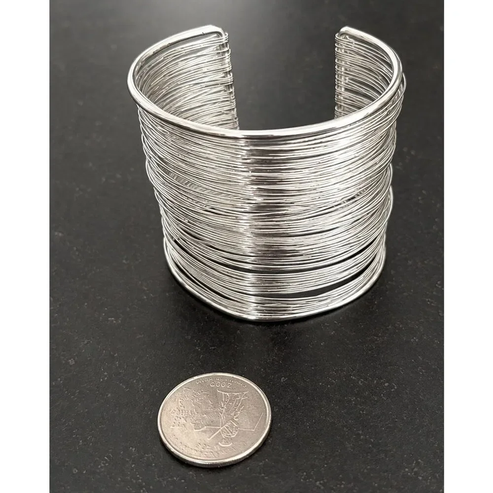 Modern Silver Wire Cuff Slinky Bracelet - Retro Sculptural Style